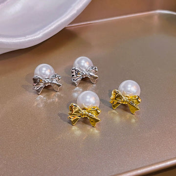 Gold and Silver Bow Pearl Look Two Way Stud Earrings