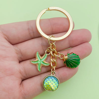 Image 1 showing a person holding up a green keychain.