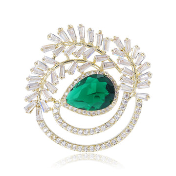 Gold Green Teardrop Crystal Brooch Baguette Leaf Arcs