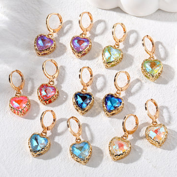 Gold Tone Faceted Crystal Heart Huggie Earrings 6 Colors