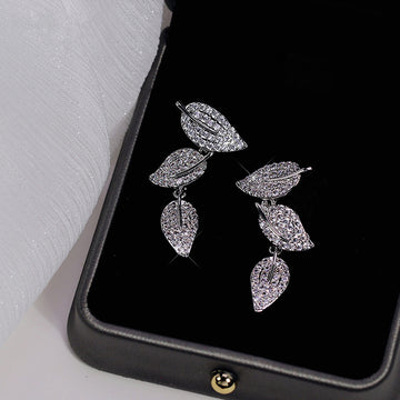 Silver-Tone Three-Leaf Linear Drop Earrings with Clear Stone Details