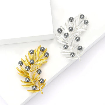 Matte Leaf Branch Brooch in Gold or Silver With Pearl Buds