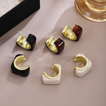 Red and Black Chunky Square Open C Hoop Stud Earrings