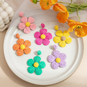 Seven Color Woven Five Petal Flower Statement Earrings