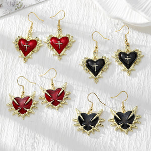 Gothic Heart Drop Earrings in Red or Black Enamel, a Pair