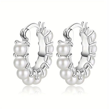 Pearl Bead Hoop Earrings in Polished Silver Tone Jewelry