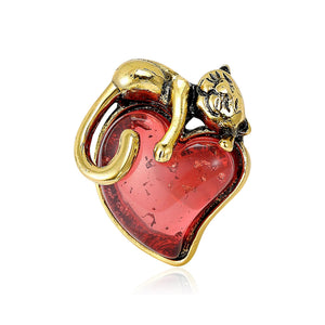 Cat on Red Heart Brooch with Translucent Enamel for Jackets and Scarves