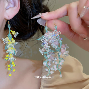 Pastel Flower and Leaf Long Dangle Hook Earrings Two Colors
