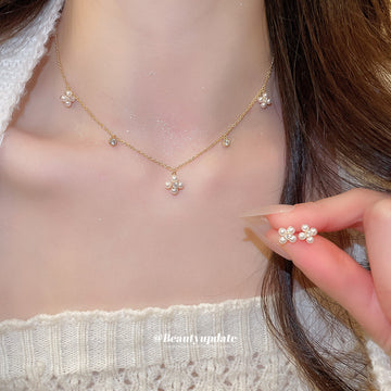 Gold Pearl Flower Station Necklace and Matching Stud Set