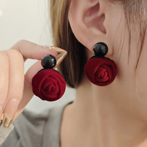 Flocked Fabric Rose Drop Earrings in Red or Brown, Black Top