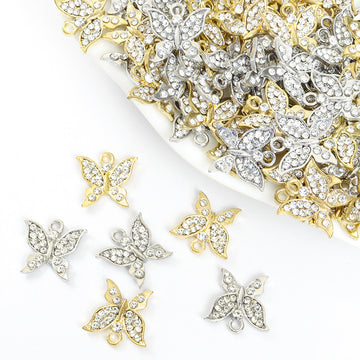 Crystal-Accented Gold Silver Butterfly Alloy Craft Pendants in 2 Styles