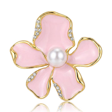 Five Petal Enamel Flower Brooch with Faux Pearl Center