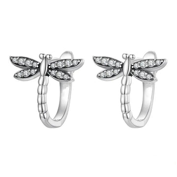 Dragonfly Clear Stone Huggie Hoop Earrings Gold White Metal