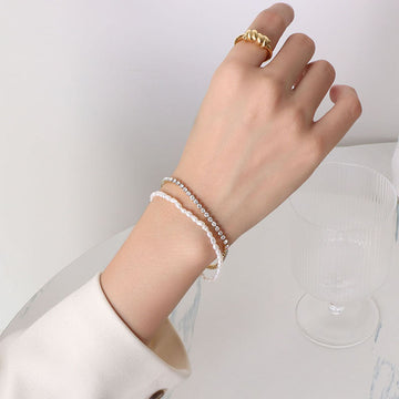 Gold Freshwater Pearl CZ Double Layer Toggle Bracelet