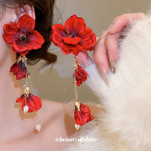 Red Fabric Flower and Pearl Tassel Drop Stud Earrings