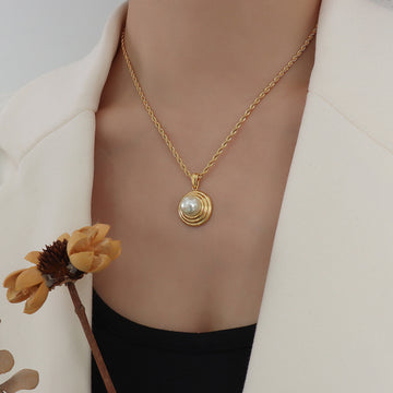 Gold Rope Chain Necklace with Spiral Disc Faux Pearl Pendant