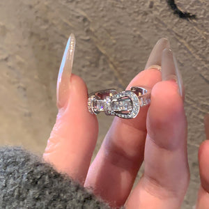 Silver Tone Double Buckle Clear Crystal Open Ring Design