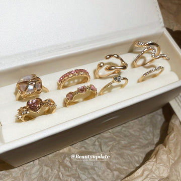 Gold Tone 8 Piece Open Rings Hearts Snake Rhinestone Pearl