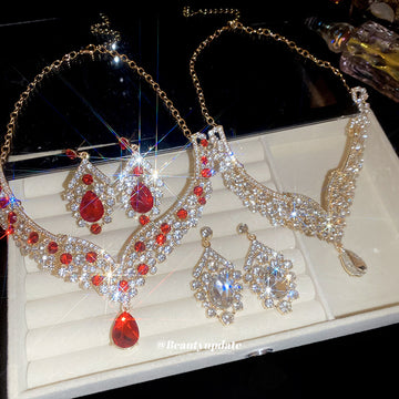 Gold Teardrop Rhinestone Necklace Earring Set 2 Colors