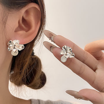 Gold and Silver Sculptural Flower Oval Drop Stud Earrings