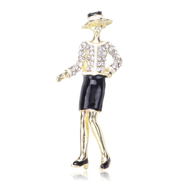 Gold Tone Lady Figure Brooch Rhinestone Jacket Black Skirt