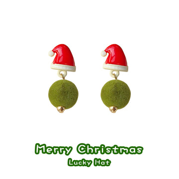 Red Santa Hat Stud Earrings With Green Pom-Pom Drops