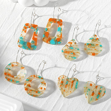 Orange and Turquoise Chip Resin Geometric Hoop Earrings