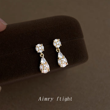 Gold Tone Clear Round And Teardrop Faceted Stone Drop Stud Earrings