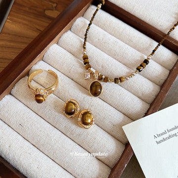Gold Brown Tiger Eye Cabochon Ring And Stud Earrings