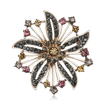 Radiating Crystal Flower Brooch in Coffee and Pink Tones