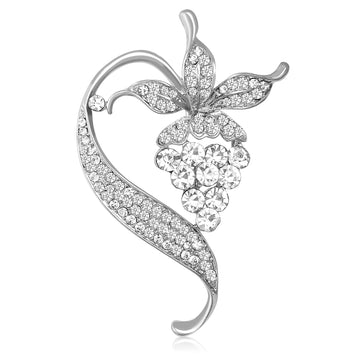 Crystal Grape Cluster Brooch With Curved Leaf in Gold or Silver