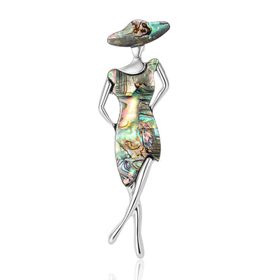 Abalone Shell Lady Brooch With Wide Brim Hat and Silver Frame shown from the front on a white background