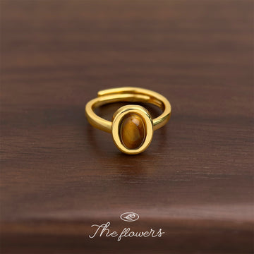 Gold Double Band Ring with Oval Brown Tiger Eye Center