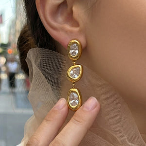 Gold Triple Irregular Zircon Drop Earrings Bezel Set Stones