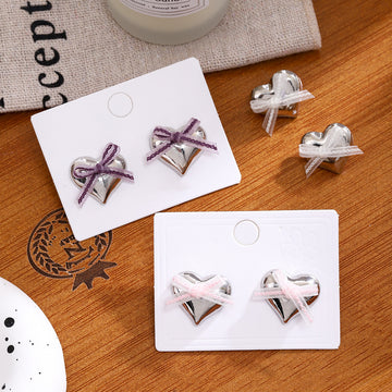 Silver Heart Stud Earrings with Sheer Ribbon Bows Three Colors