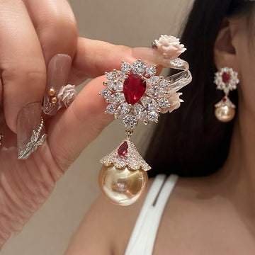 Red Teardrop and Crystal Floral Drop Stud Earrings