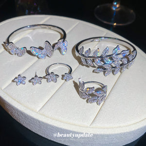 Crystal Butterfly Cuff Leaf Set Flower Studs Open Ring