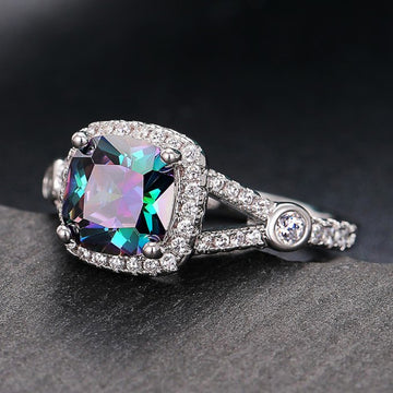 Multicolor Mystic Cushion Halo Crystal Ring Sizes 6-10