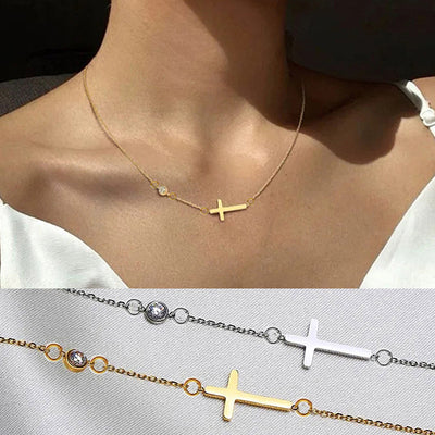 Gold sideways cross necklace worn on collarbone plus gold and silver close-ups