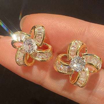 Clear Crystal Five Petal Flower Stud Earrings in Gold Tone