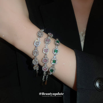 Silver Tone Square Crystal Halo Bracelets In Green Clear Or Pink