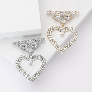 Crystal Open Heart Drop Brooch in Silver or Gold Tone