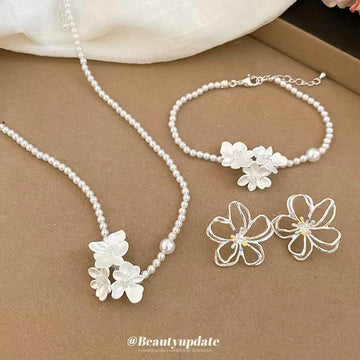 Silver Open Flower Studs Pearl White Flower Necklace Bracelet Three