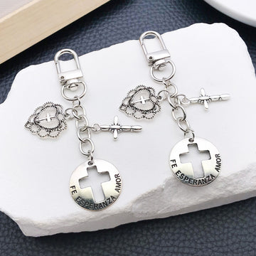 Antique Silver Open Heart Cross and Message Plaque Charm Keychain