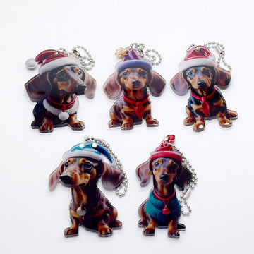Christmas Dachshund Printed Acrylic Ball Chain Hanging Charms