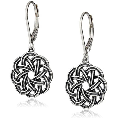 Antique silver Celtic knot disc leverback earrings pair front