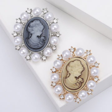 Cameo Lady Portrait Brooch Pearl Rhinestone Silver Or Gold