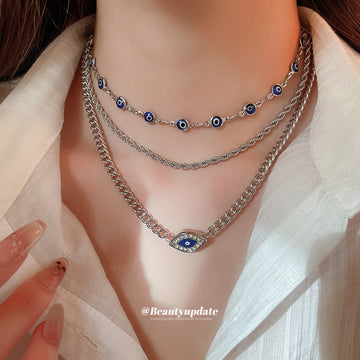 Gold Three Layer Evil Eye Necklace Set Rhinestone Pendant