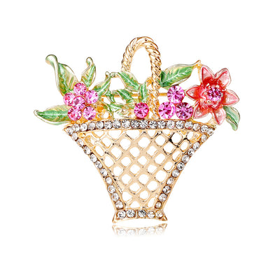 Front product view of the flower basket brooch pin in gold and red