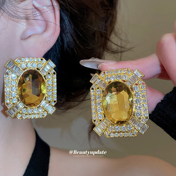 Yellow Faceted Stone Square Halo Statement Stud Earrings